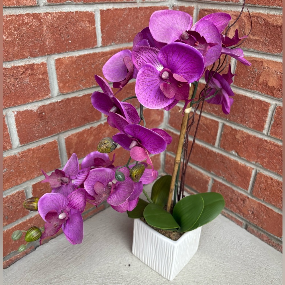 New Artificial Purple Orchid Phalenopsis Flower Plant Decor White Pot Potted